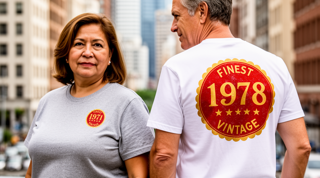 Man and woman wearing tee shirts that show their years of birth in the 1970's