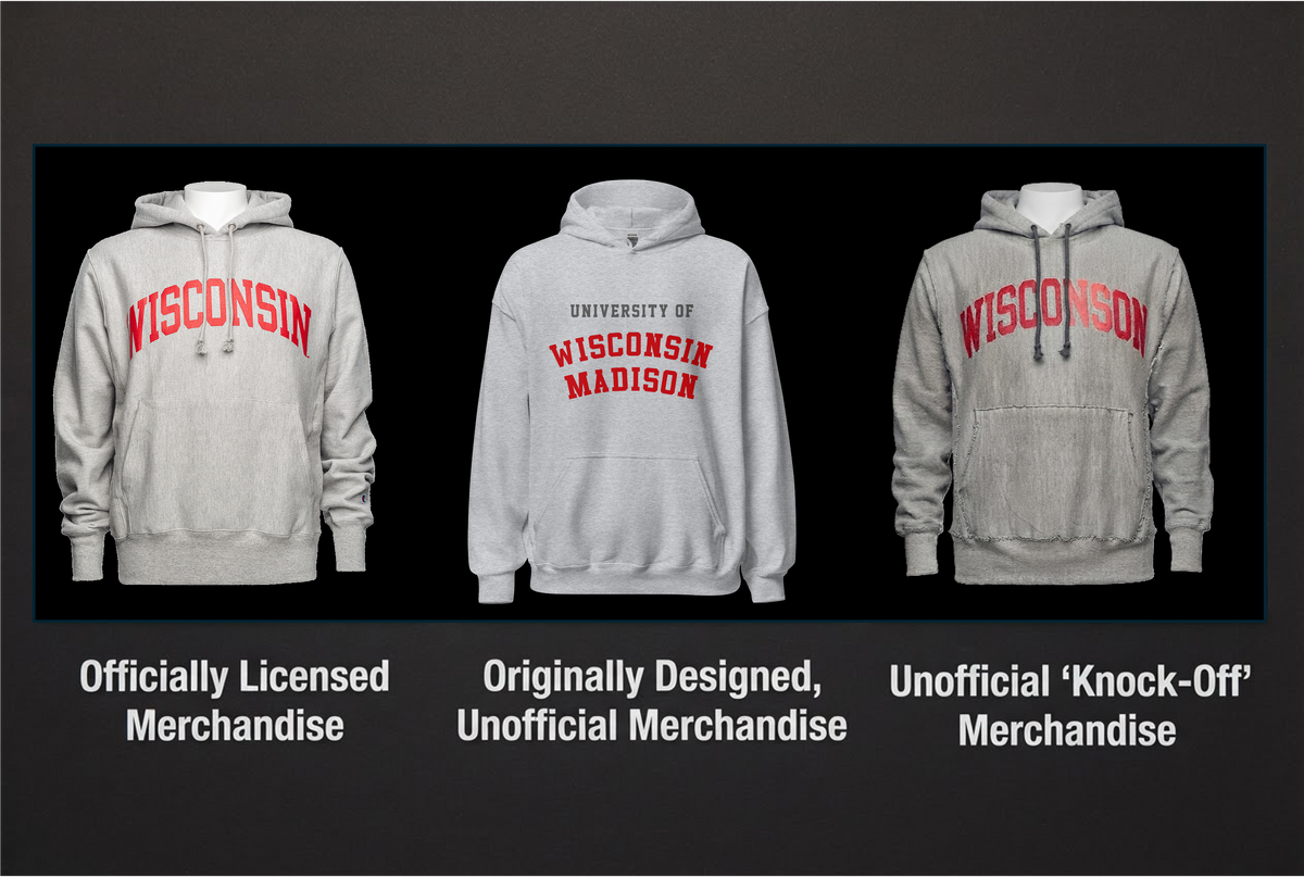 Three university-branded hoodies