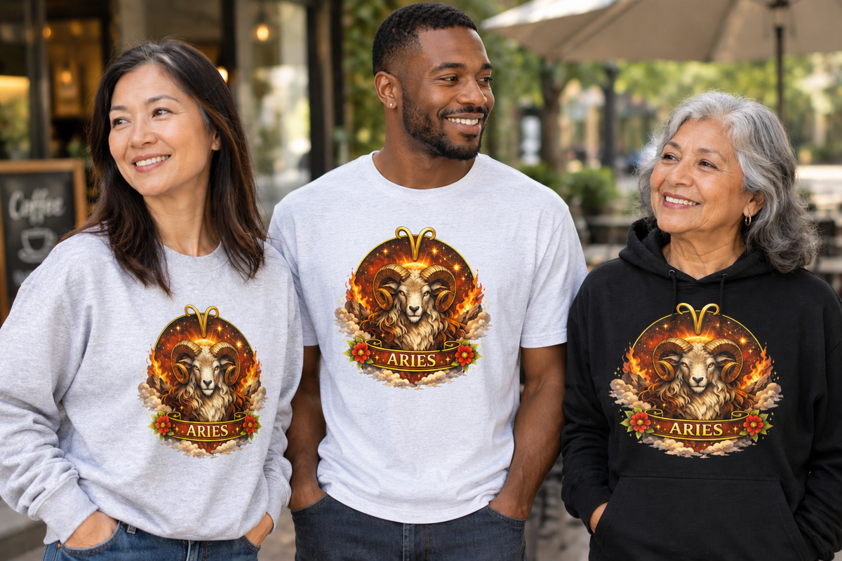 Sweatshirt, tee shirt and hoodie with a golden-horned Aries ram, Aries glyph, flames, stars and an ARIES banner