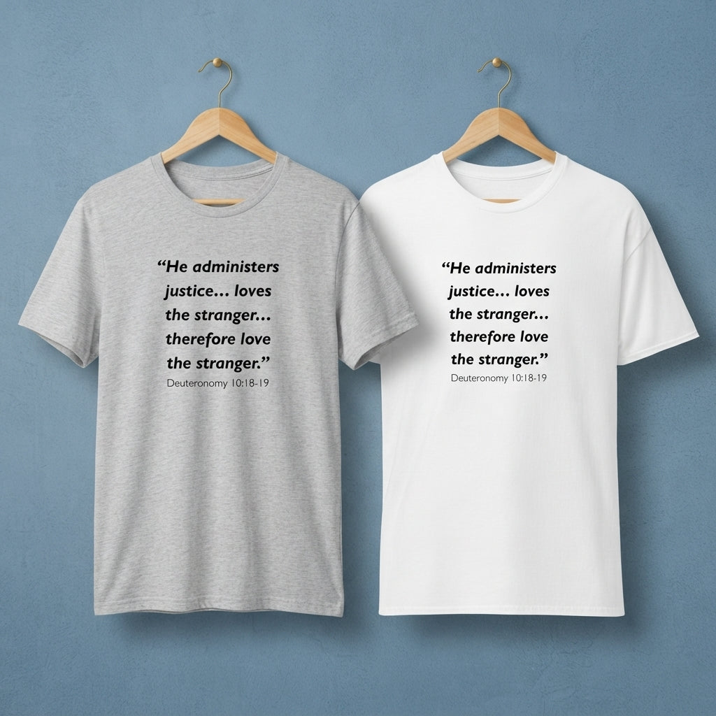 Two t-shirts printed with the Deuteronomy 10:18-19 Bible verse, shown on hangers