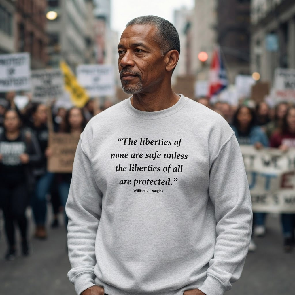 Man wearing a garment printed with a William O. Douglas quote on liberty