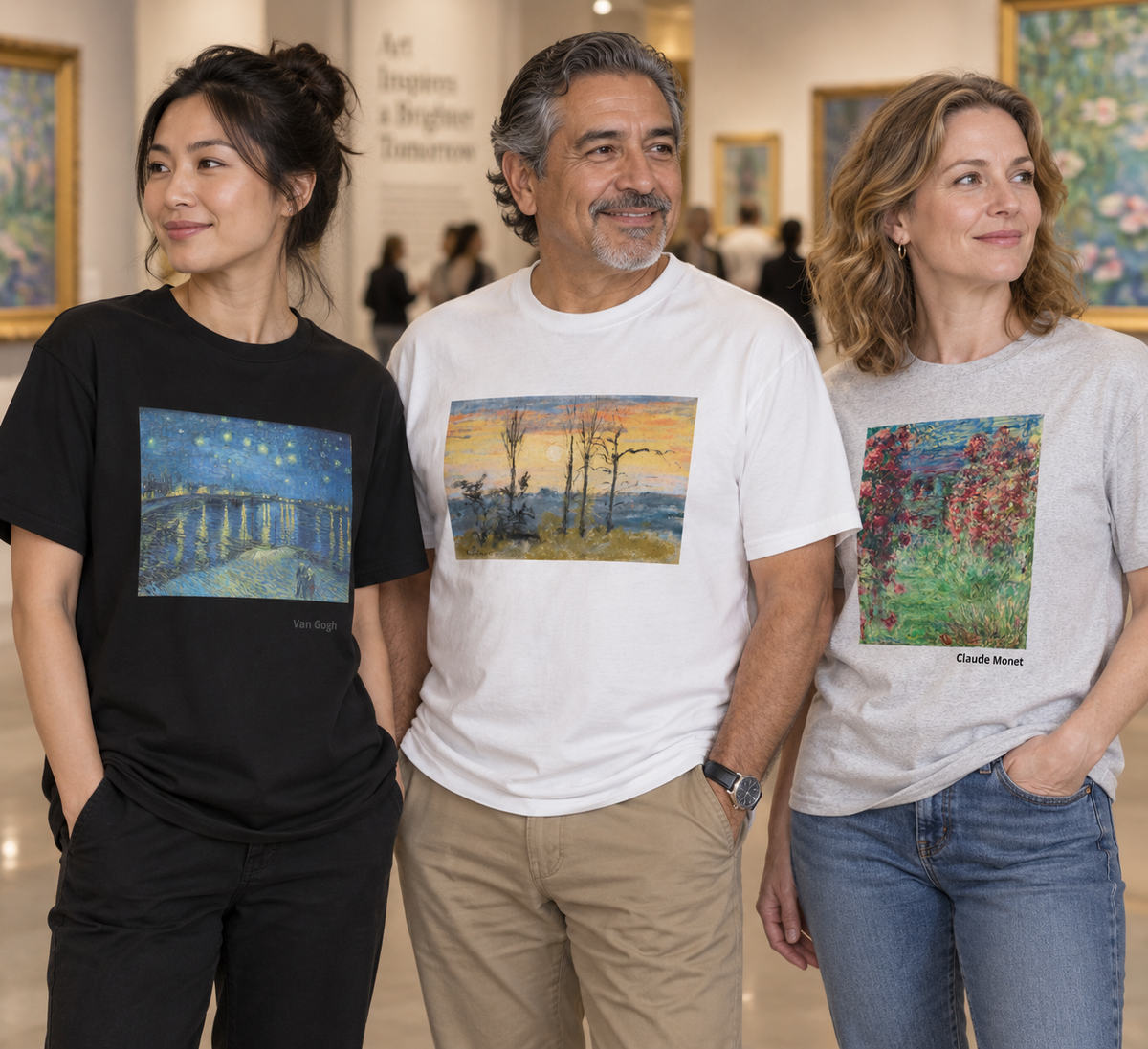 Three people in an art gallery wearing art T-shirts printed with Van Gogh’s Starry Night Over the Rhône, a Pissaro sunset landscape, and a Claude Monet garden painting