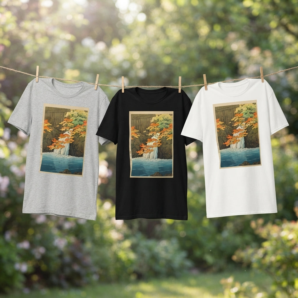 Three t-shirts printed with Kawase Hasui's ‘Senju Waterfall, Akame’, shown on a clothes line