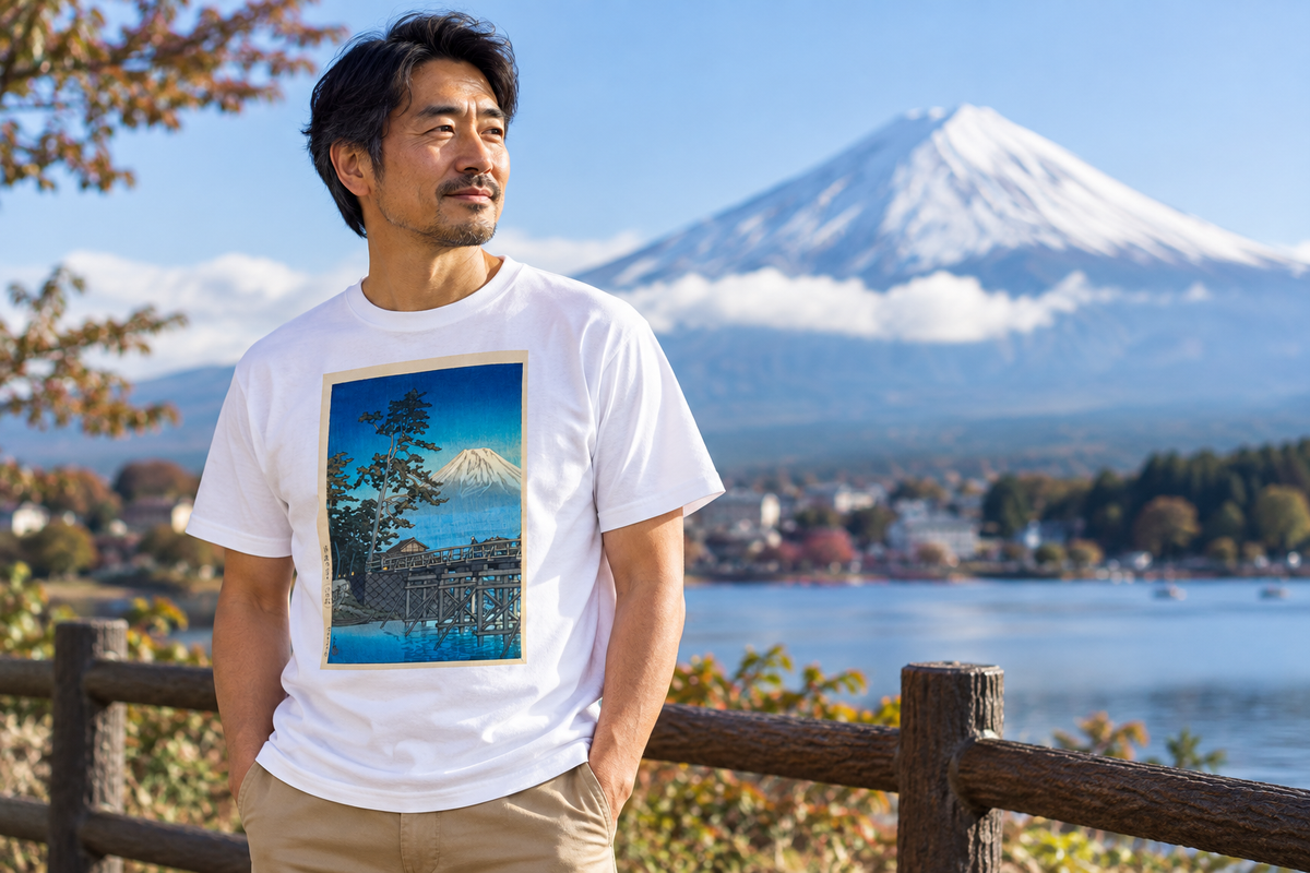 Man wearing a white t-shirt printed with Hasui Kawase’s Mount Fuji in Moonlight woodblock print, standing by a lake with Mount Fuji behind him