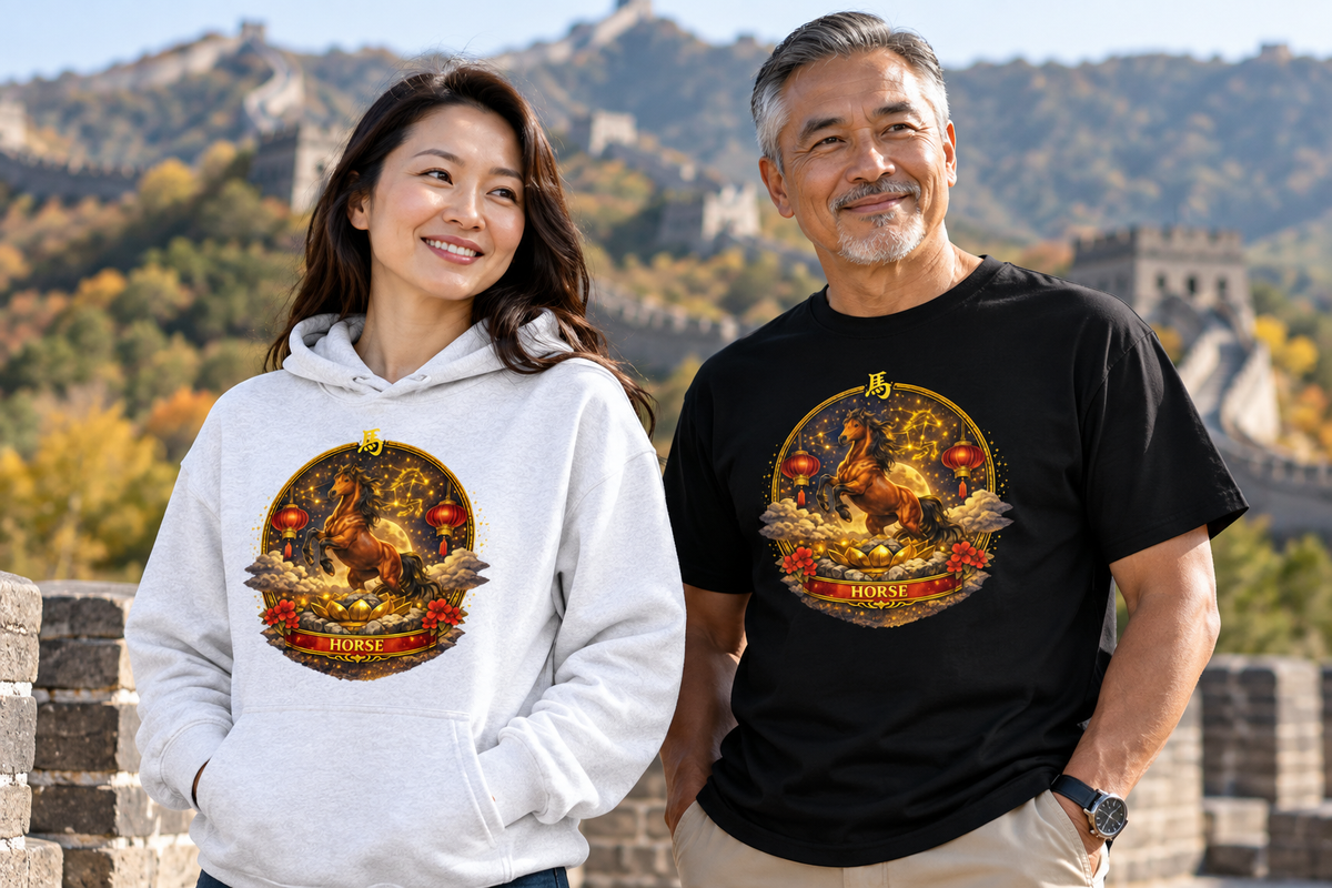 Woman in an ash grey hoodie and man in a black tee, both printed with the Expressionize Year of the Horse design, standing on the Great Wall of China