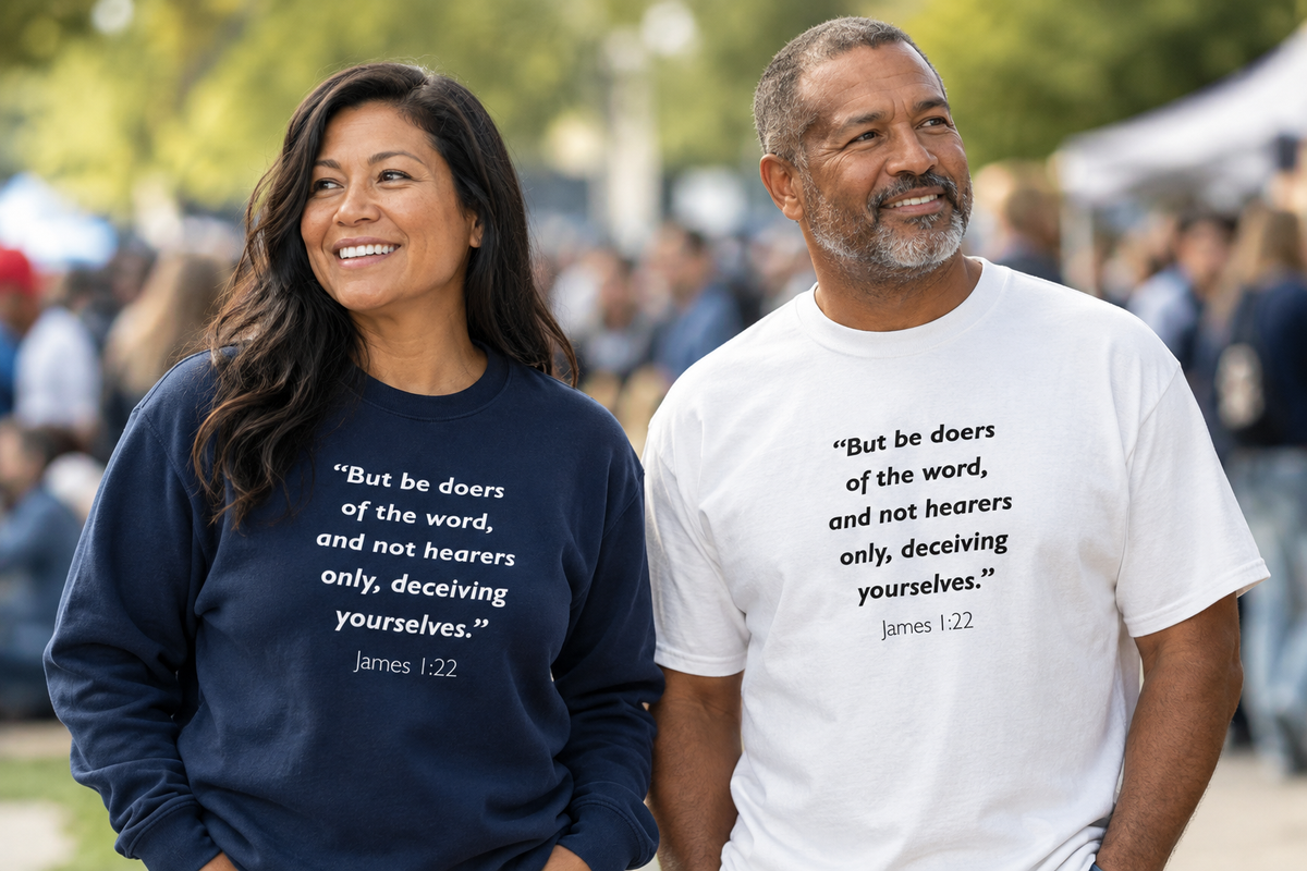 A woman in a navy sweatshirt and a man in a white T-shirt, both printed with the Bible verse James 1:22: "But be doers of the word, and not hearers only, deceiving yourselves."