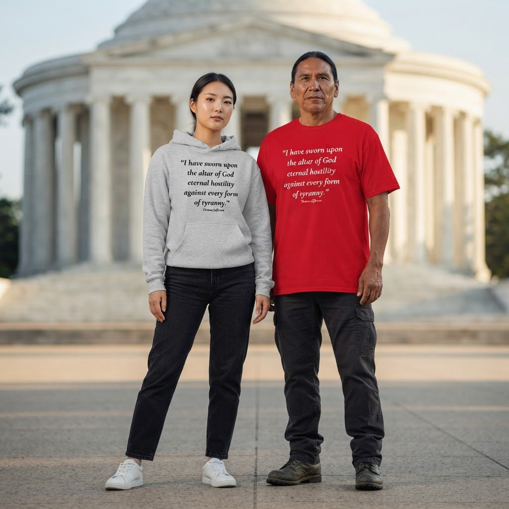 Two garments printed with a Thomas Jefferson quote on eternal hostility to tyranny