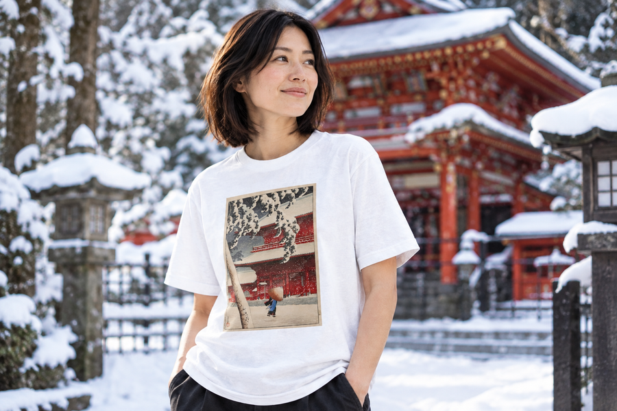 White T-shirt printed with Hasui Kawase’s Zojoji Temple, Shiba snowy Tokyo woodblock artwork
