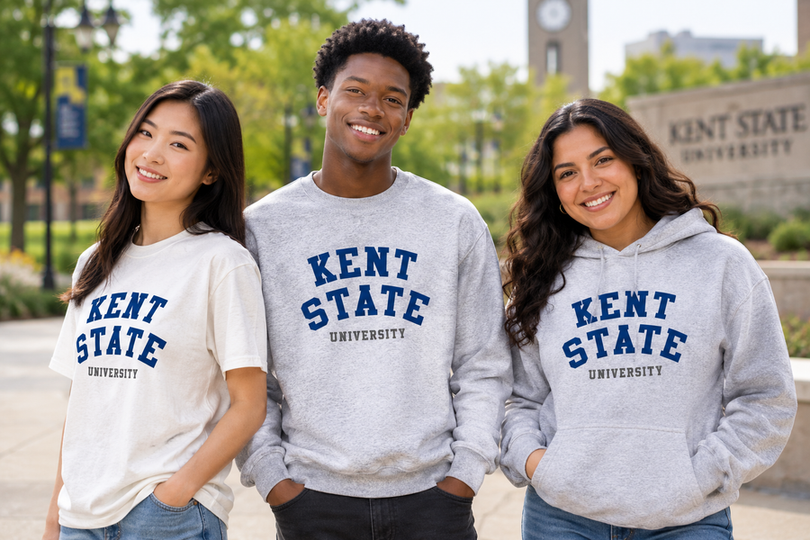 Three people wearing Kent State University customized garments