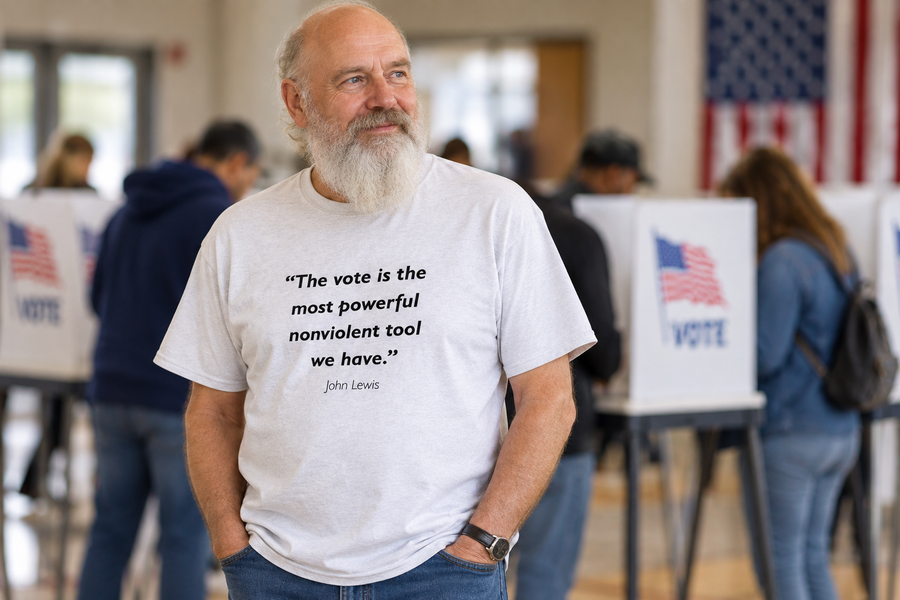 Gray t-shirt printed with the John Lewis quote "The vote is the most powerful nonviolent tool we have."
