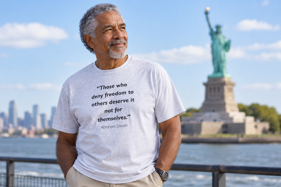 T-shirt printed with the Abraham Lincoln quote "Those who deny freedom to others deserve it not for themselves"