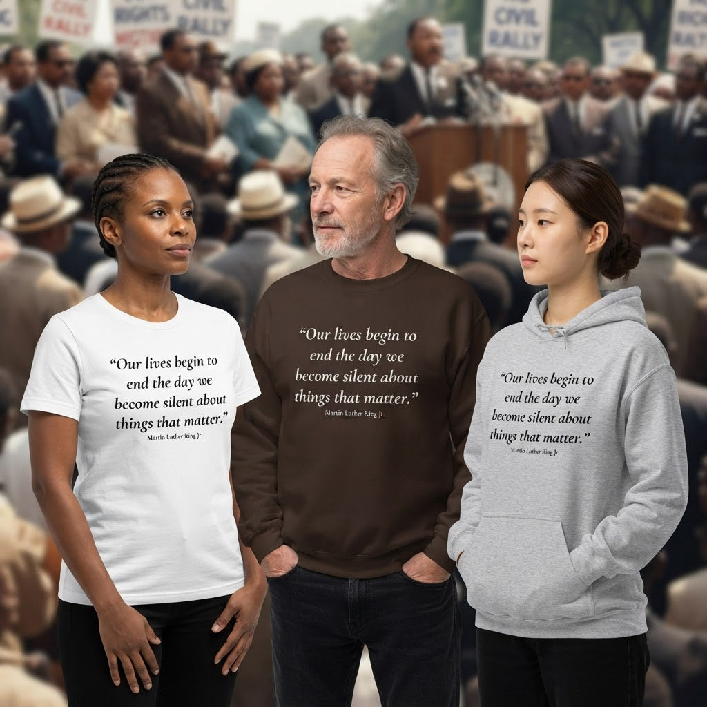 Three garments printed with a Martin Luther King quote on silence