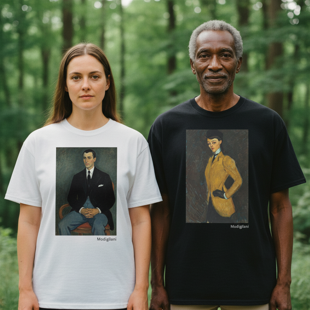 Two people wearing tee shirts with Modigliani artwork on them
