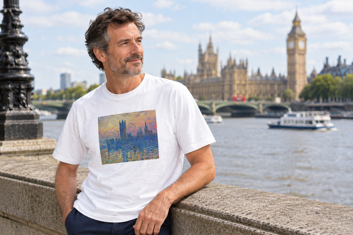 White Expressionize T-shirt featuring Claude Monet Houses of Parliament artwork, photographed beside the River Thames in London.