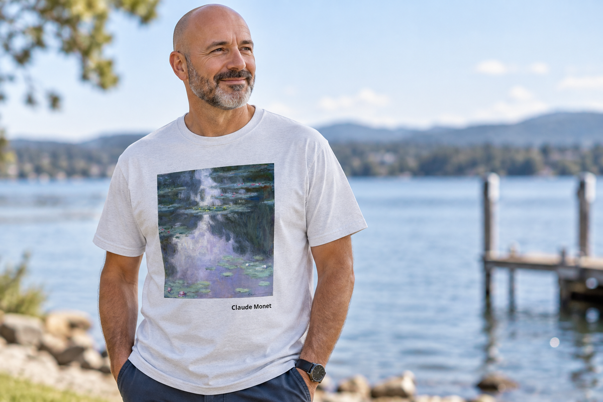 Person outdoors beside a lake wearing a light T-shirt printed with Claude Monet Water Lilies artwork and the words Claude Monet.