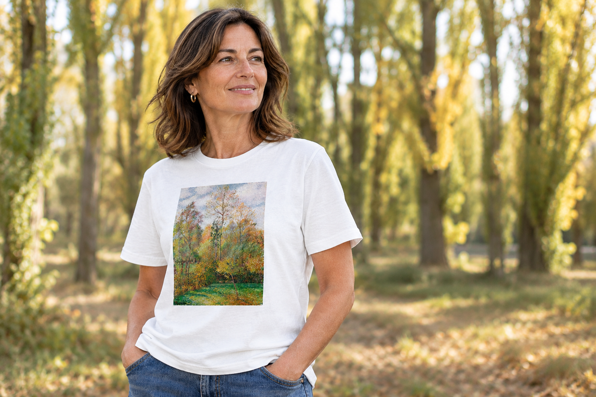 White T-shirt featuring Camille Pissarro’s Autumn, Poplars, Éragny artwork in an autumn woodland setting
