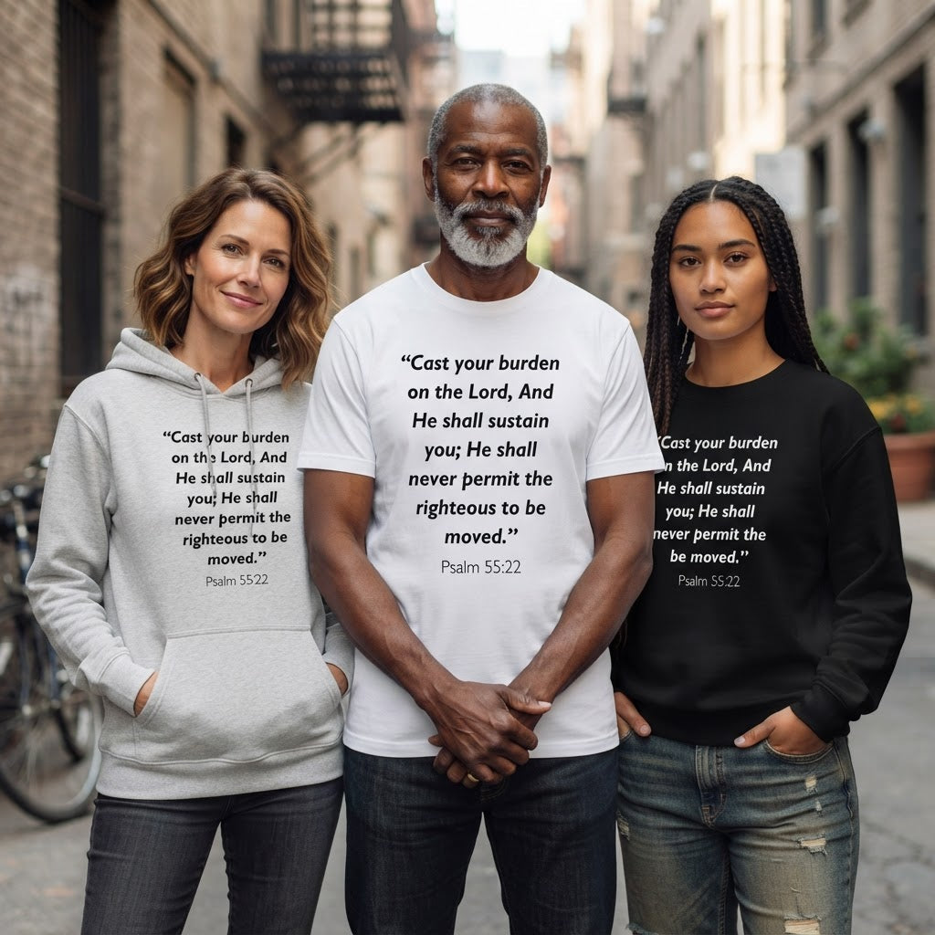 Garment printed with the Psalm 55:22 Bible verse