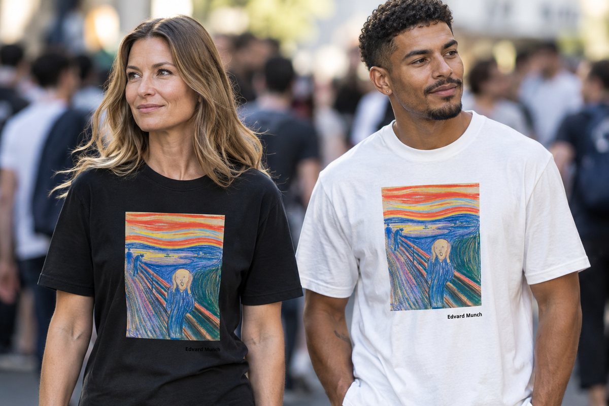 Two people wearing black and white Expressionize T-shirts printed with Edvard Munch’s The Scream artwork