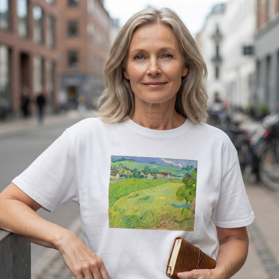 Woman wearing Van Gogh "Vessenots Near Auvers" t-shirt