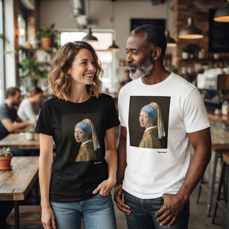 Vermeer's Girl with a Pearl Earring, printed on Expressionize apparel with direct-to-garment technology.