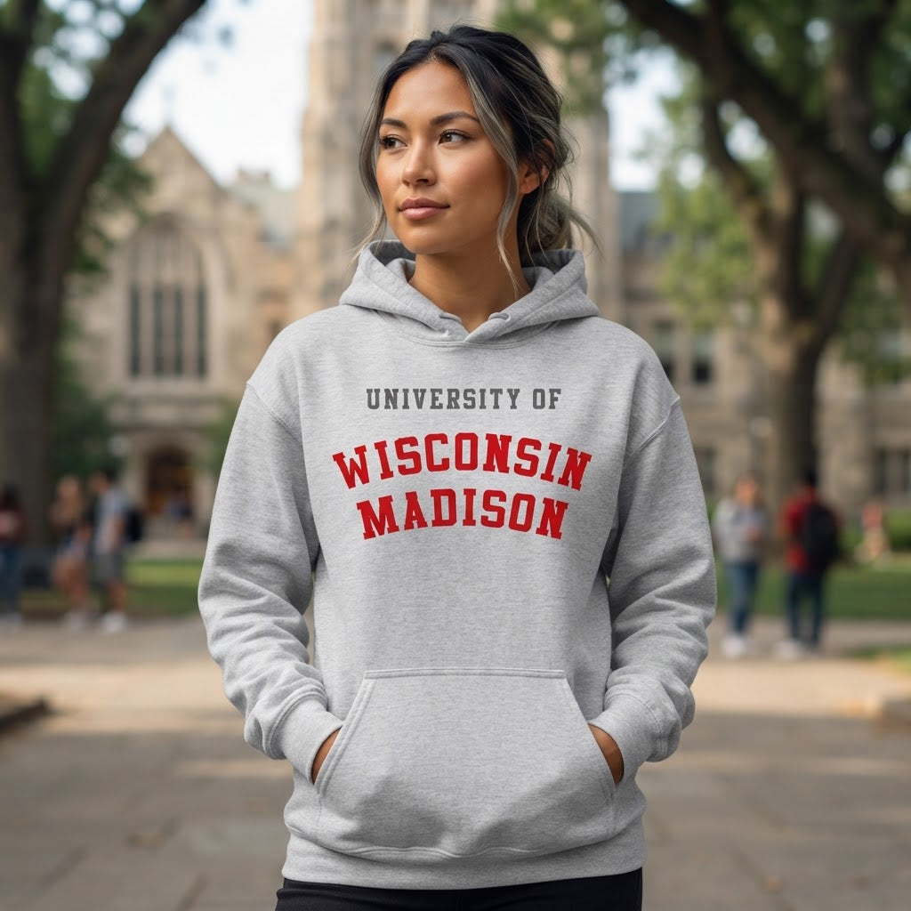 Woman wearing a gray University of Wisconsin–Madison hoodie