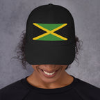Baseball cap with embroidered Jamaica flag featuring gold diagonal cross on black and green