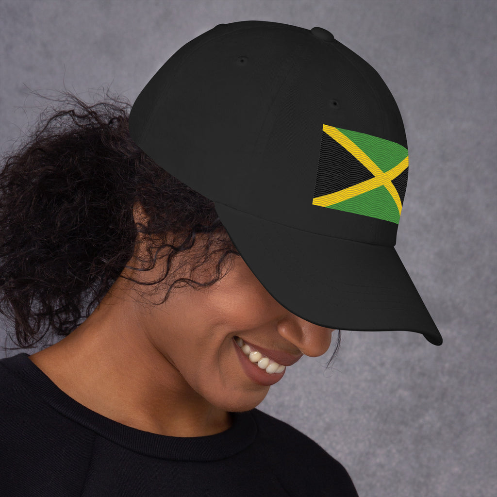 Baseball cap with embroidered Jamaica flag featuring gold diagonal cross on black and green