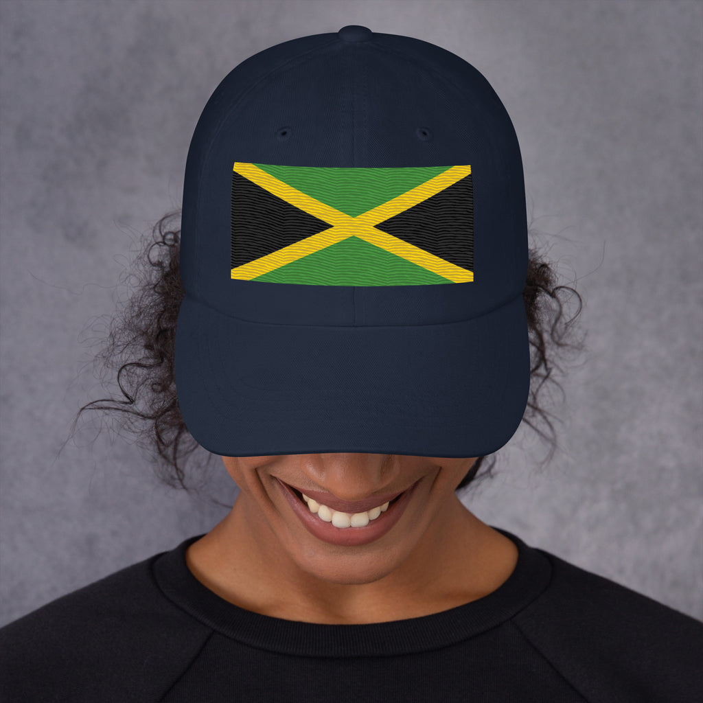 Baseball cap with embroidered Jamaica flag featuring gold diagonal cross on black and green