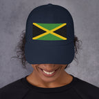 Baseball cap with embroidered Jamaica flag featuring gold diagonal cross on black and green