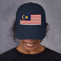 Baseball cap with embroidered Malaysia flag showing stripes, crescent, and star, shown in Navy, front view, one size, adjustable