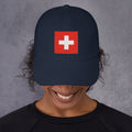 Baseball cap with embroidered Switzerland flag showing white cross on red square background