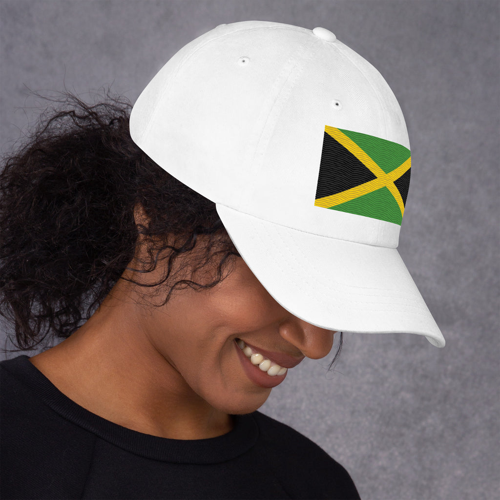 Baseball cap with embroidered Jamaica flag featuring gold diagonal cross on black and green