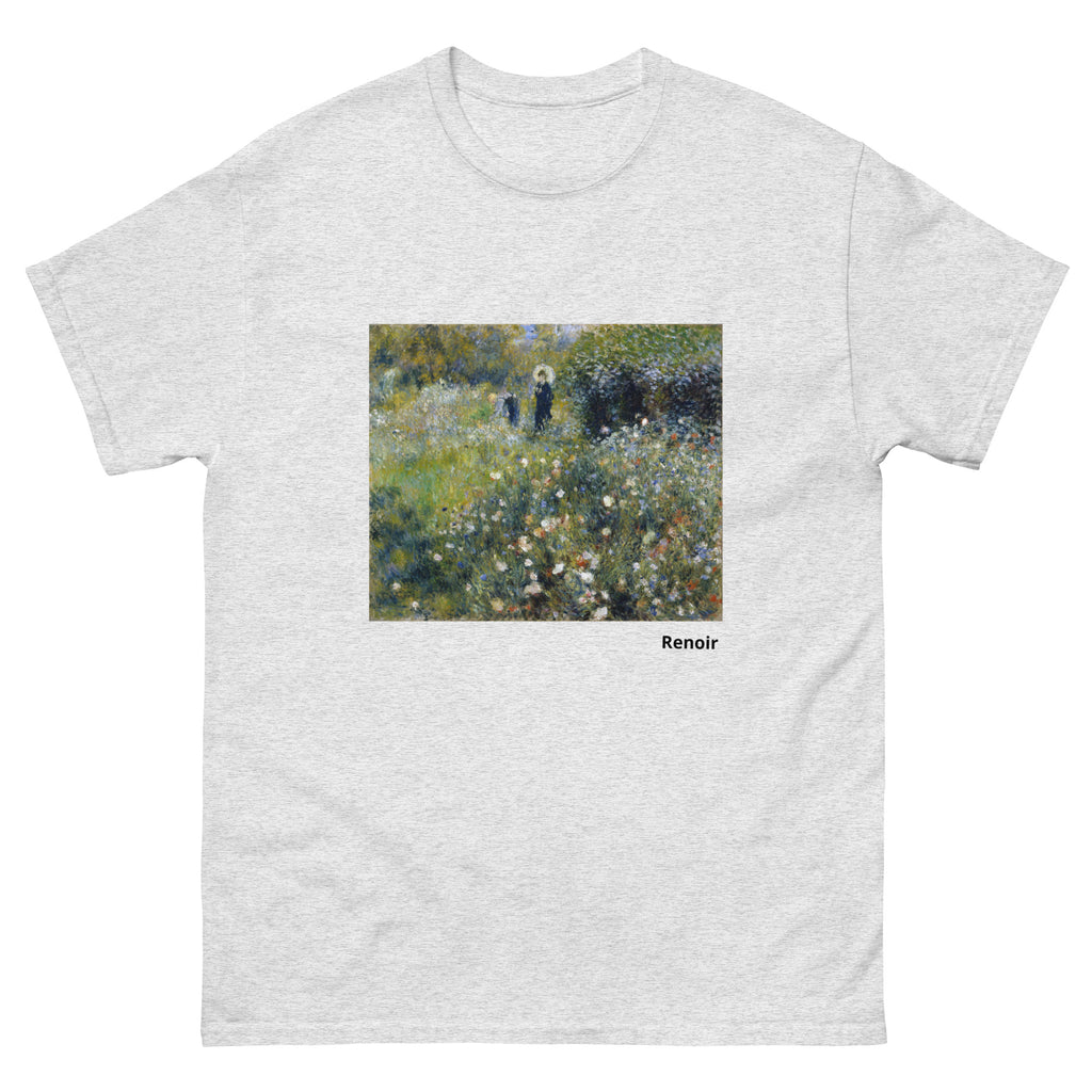 Unisex classic tee featuring Renoir's impressionist painting of a woman with parasol in a garden