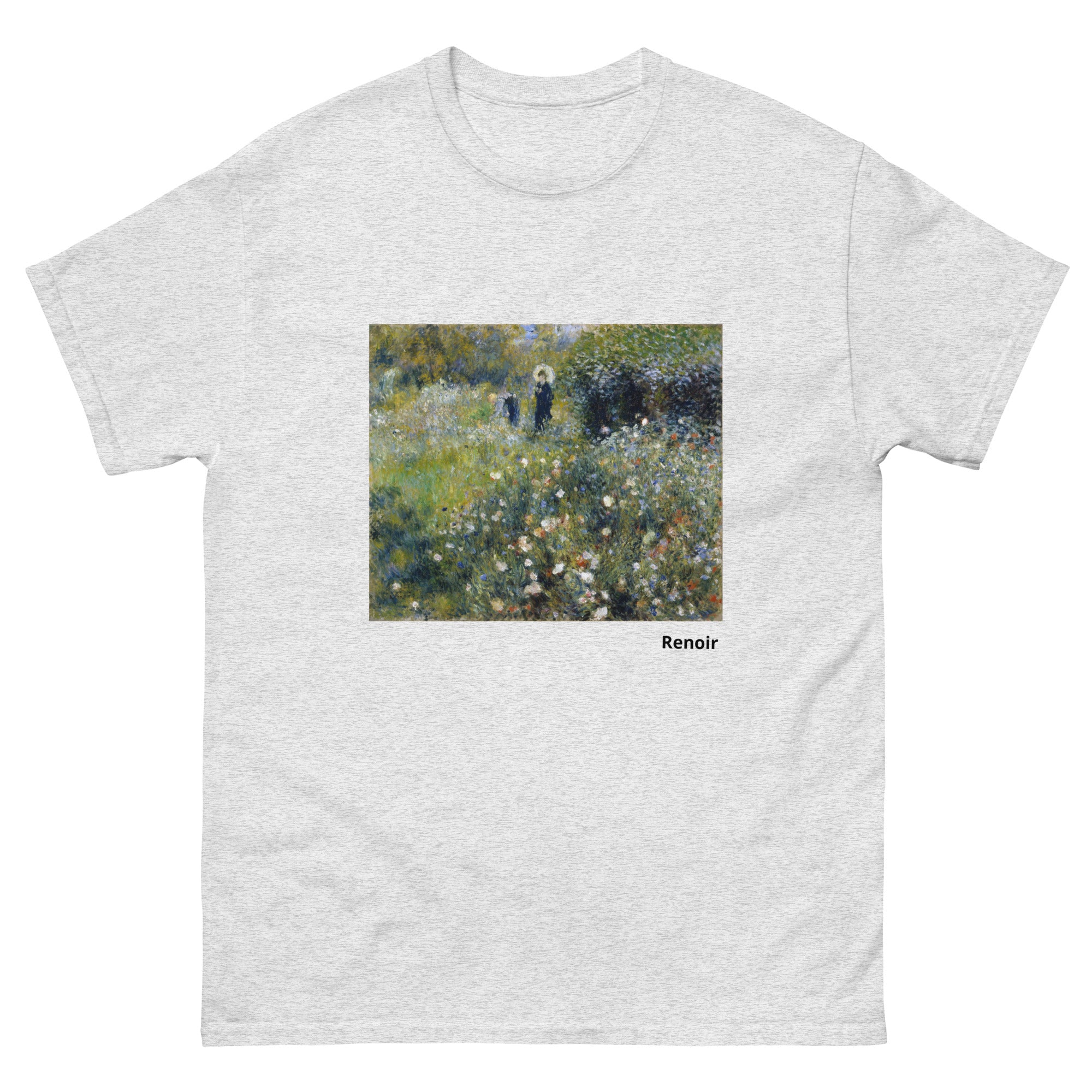 Unisex classic tee featuring Renoir's impressionist painting of a woman with parasol in a garden