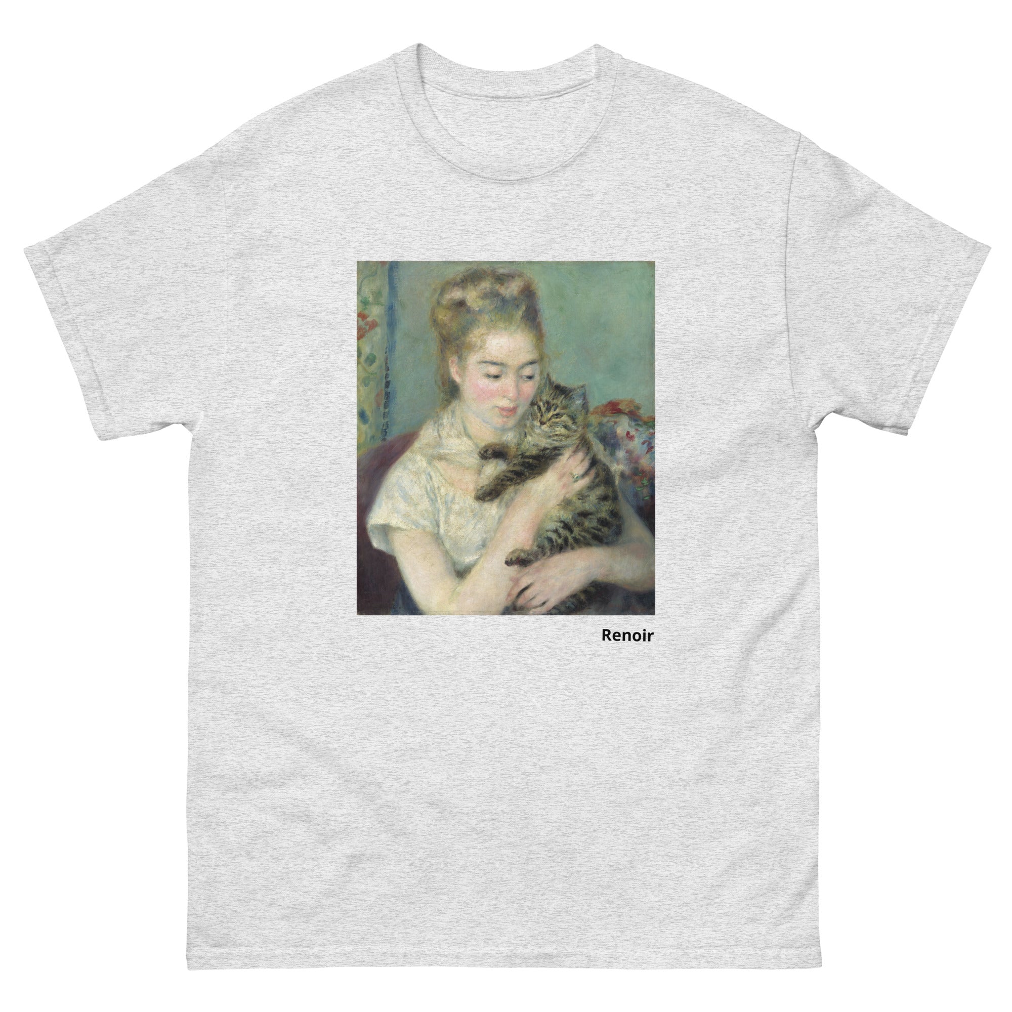 Unisex classic tee featuring Renoir's impressionist painting of a woman holding a cat