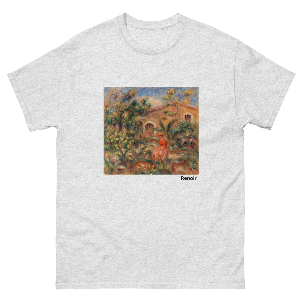 Unisex classic tee featuring Renoir's impressionist landscape with a woman and dog outdoors