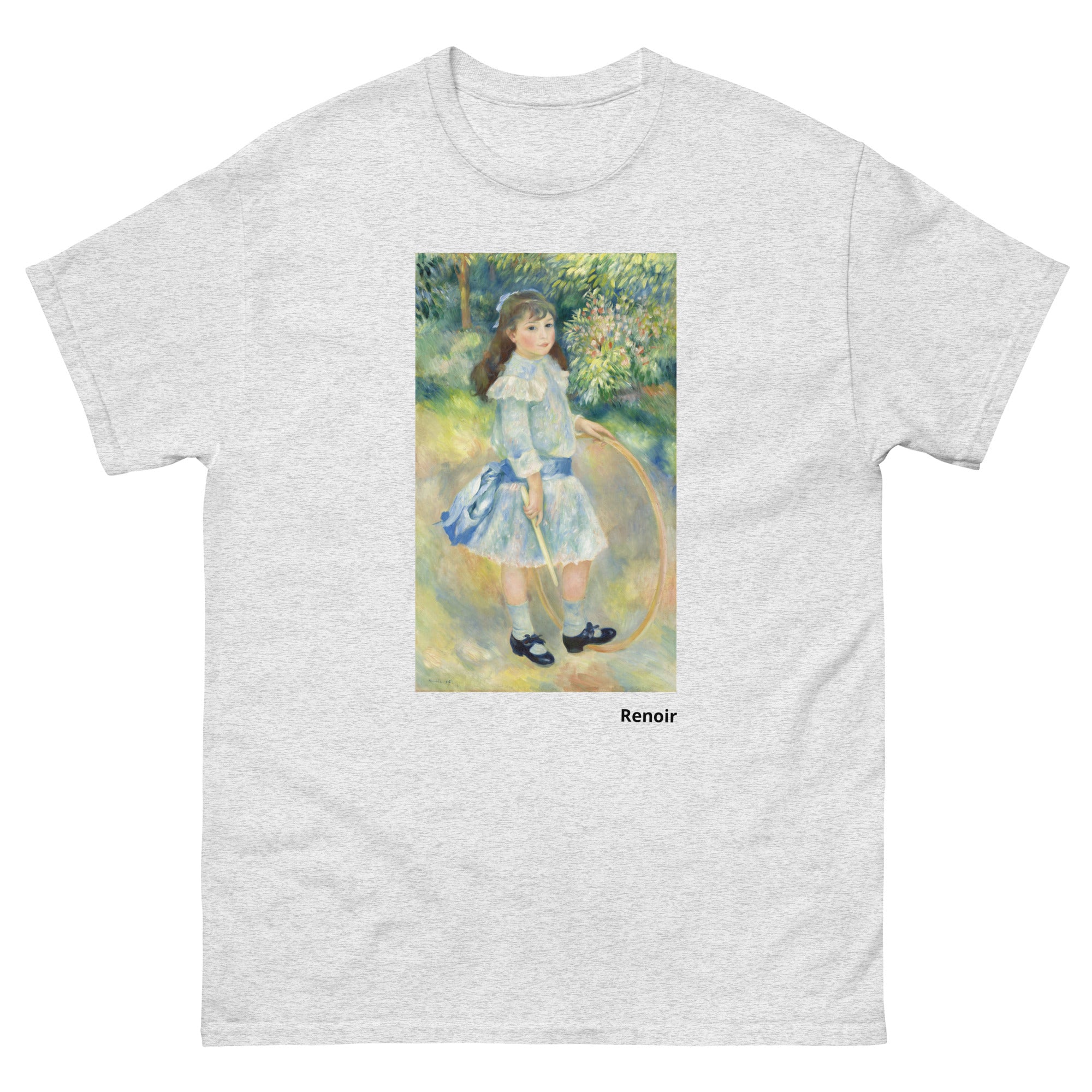 Unisex classic tee featuring Renoir's impressionist painting of a girl playing with a hoop