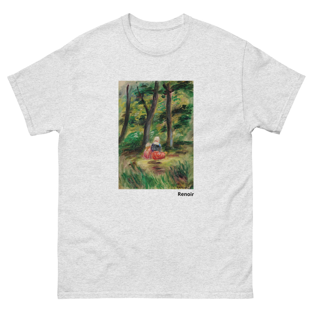 Unisex classic tee featuring Renoir's impressionist painting of a woman and child in a landscape