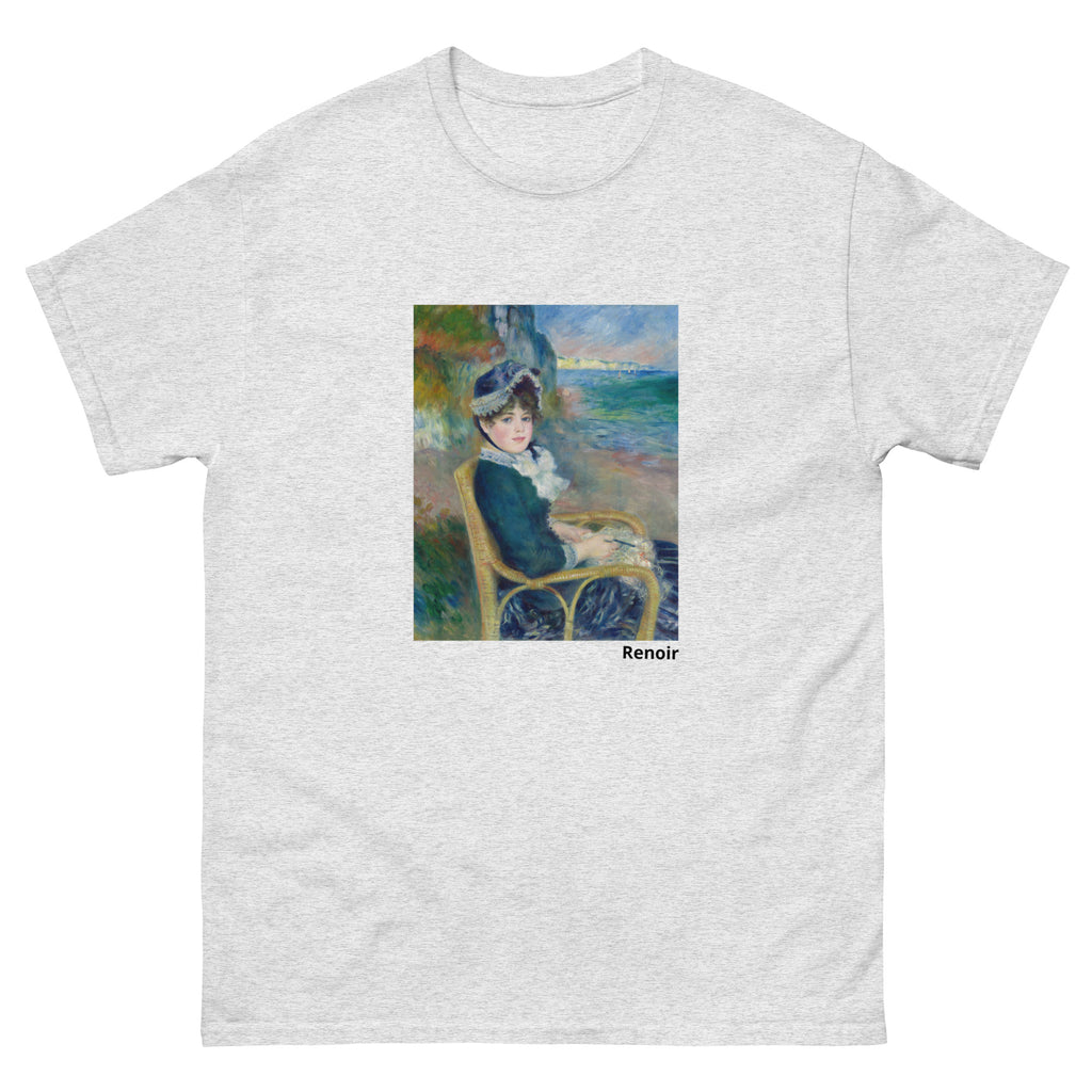 Unisex classic tee featuring Renoir's impressionist painting of a woman seated by the seashore