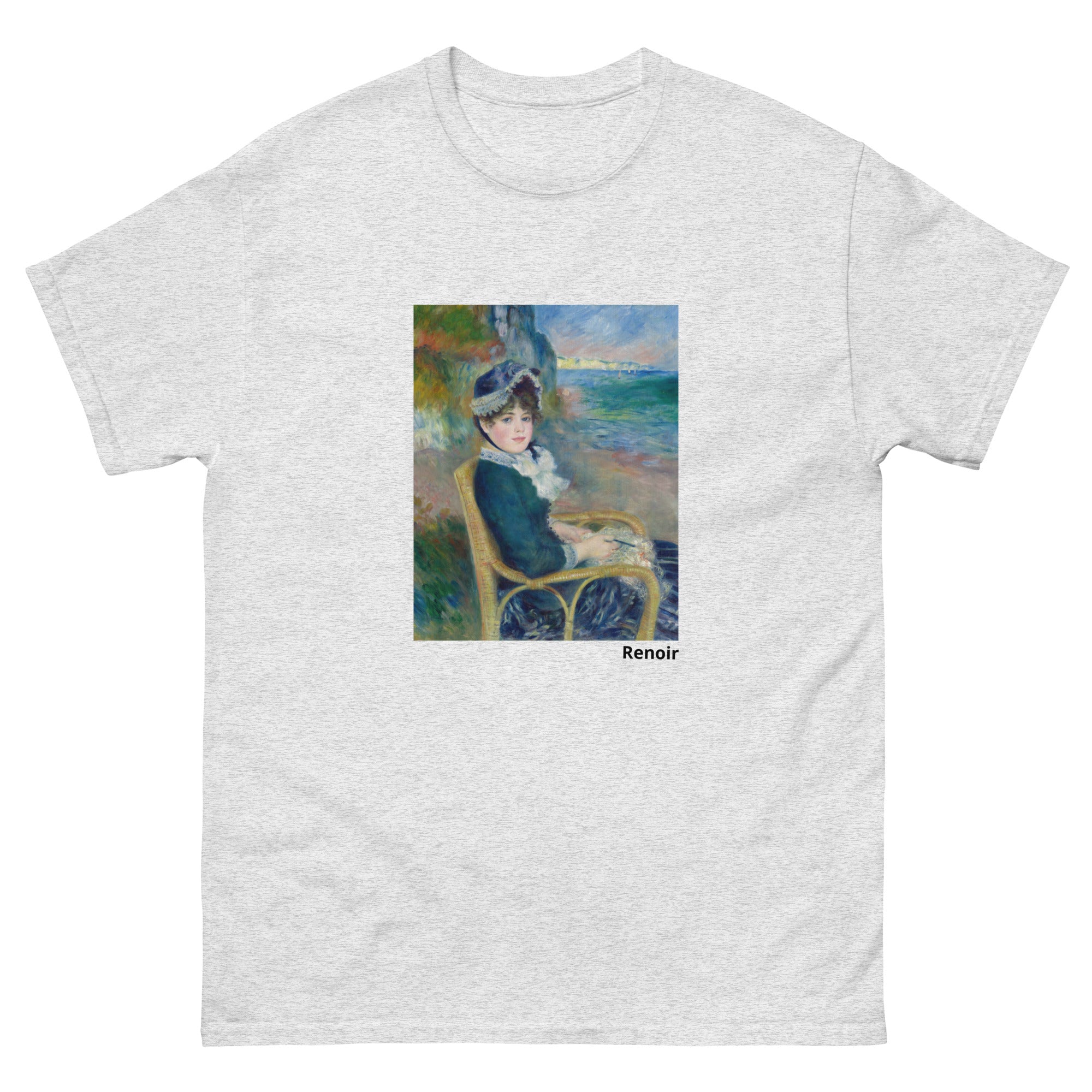 Unisex classic tee featuring Renoir's impressionist painting of a woman seated by the seashore