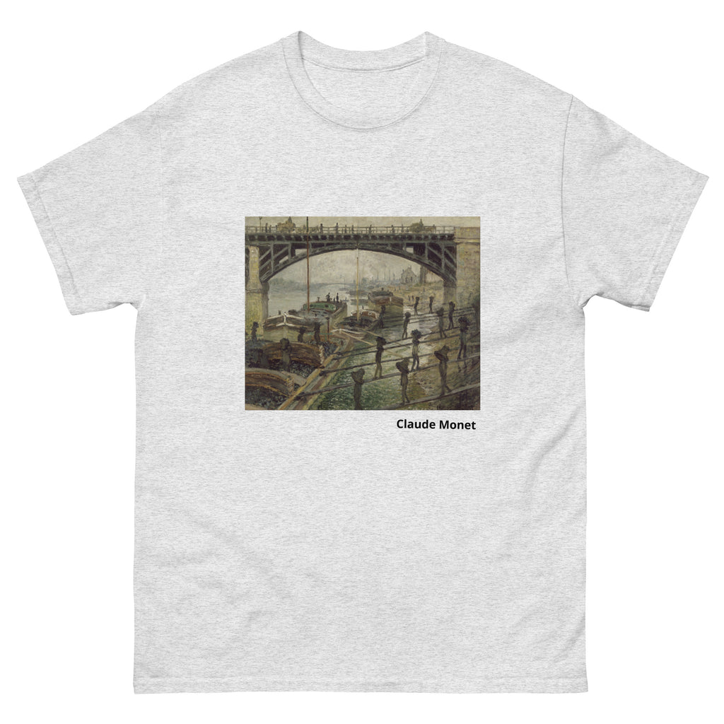Unisex classic tee featuring Monet's impressionist painting of workers unloading coal from barges