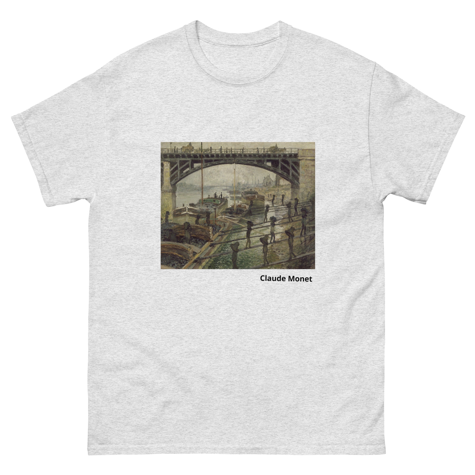 Unisex classic tee featuring Monet's impressionist painting of workers unloading coal from barges