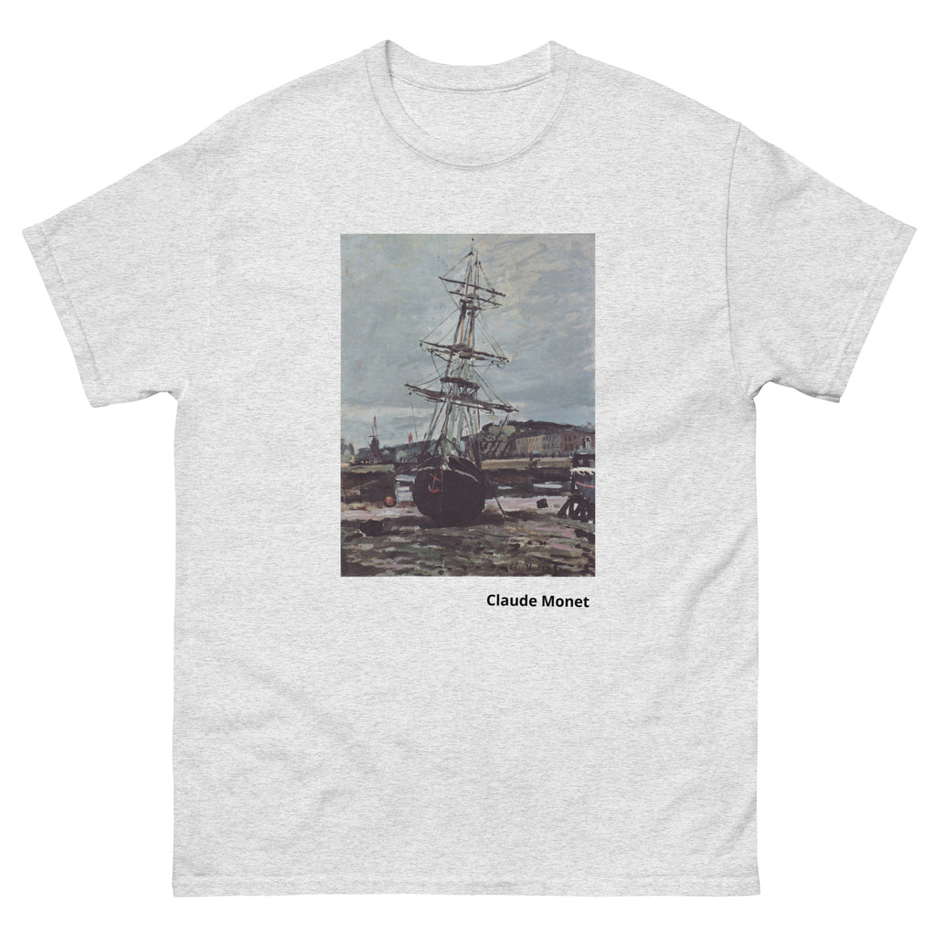 Unisex classic tee featuring Monet's impressionist painting of a stranded boat at Fécamp