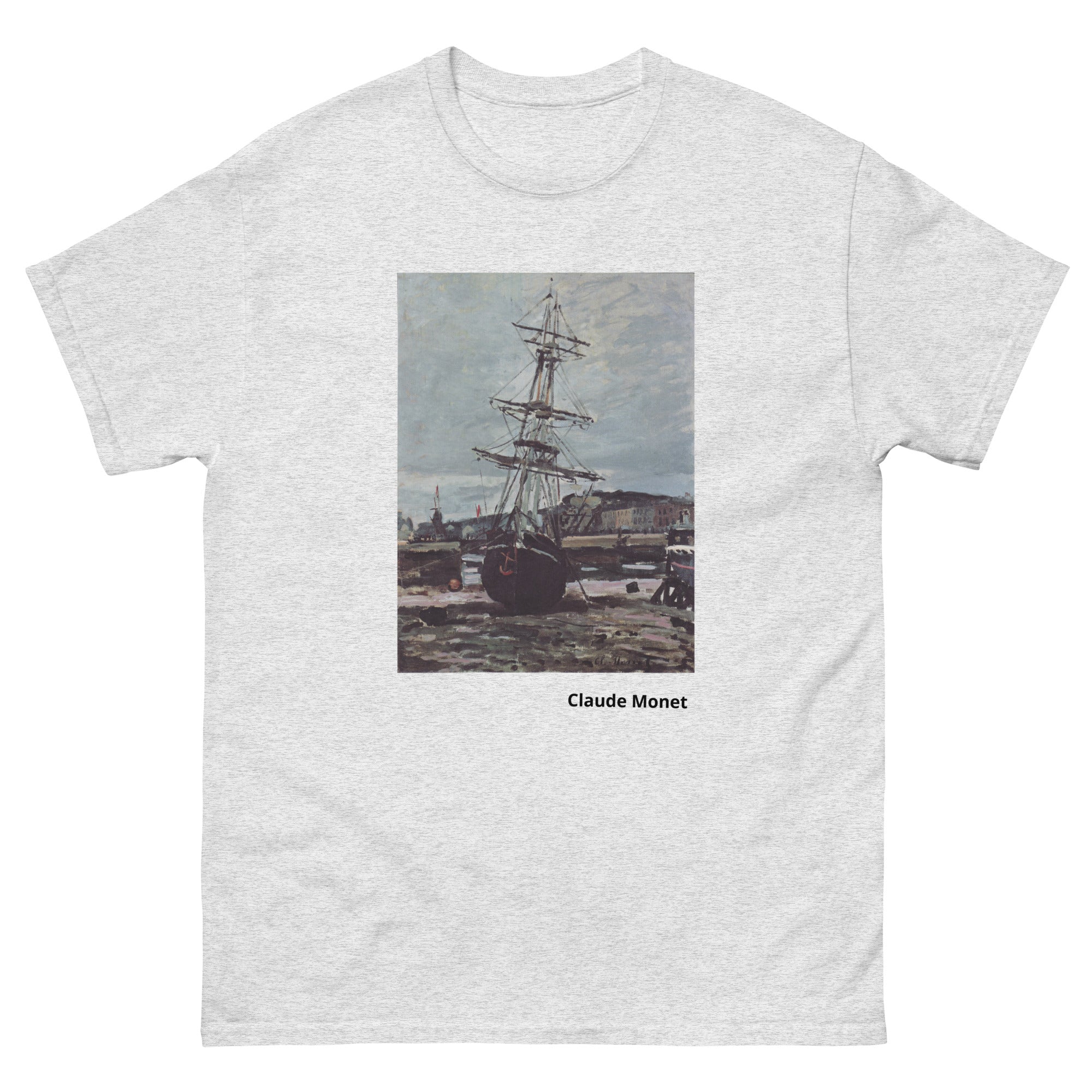 Unisex classic tee featuring Monet's impressionist painting of a stranded boat at Fécamp