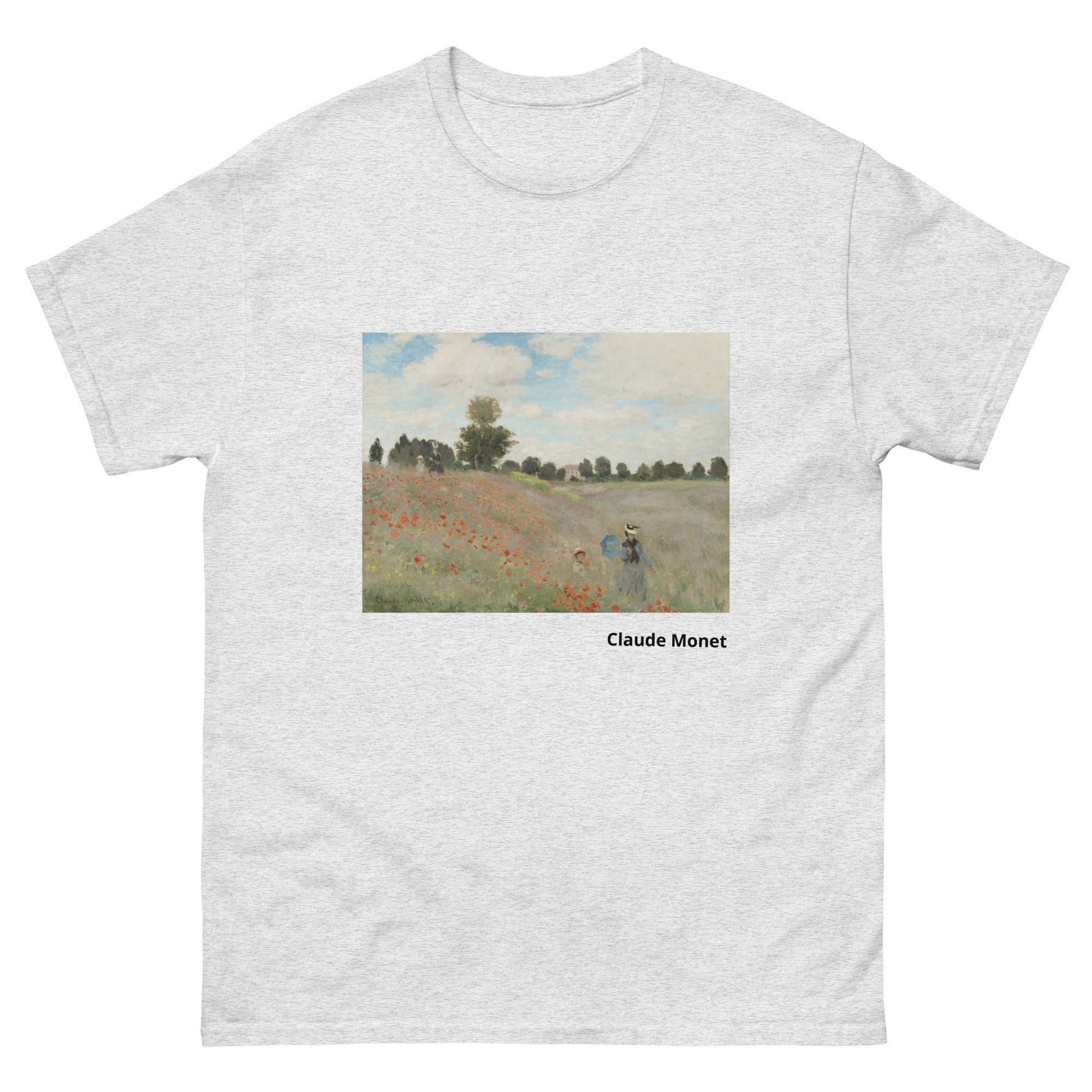 Unisex classic tee featuring Monet's impressionist painting of a red poppy field in summer