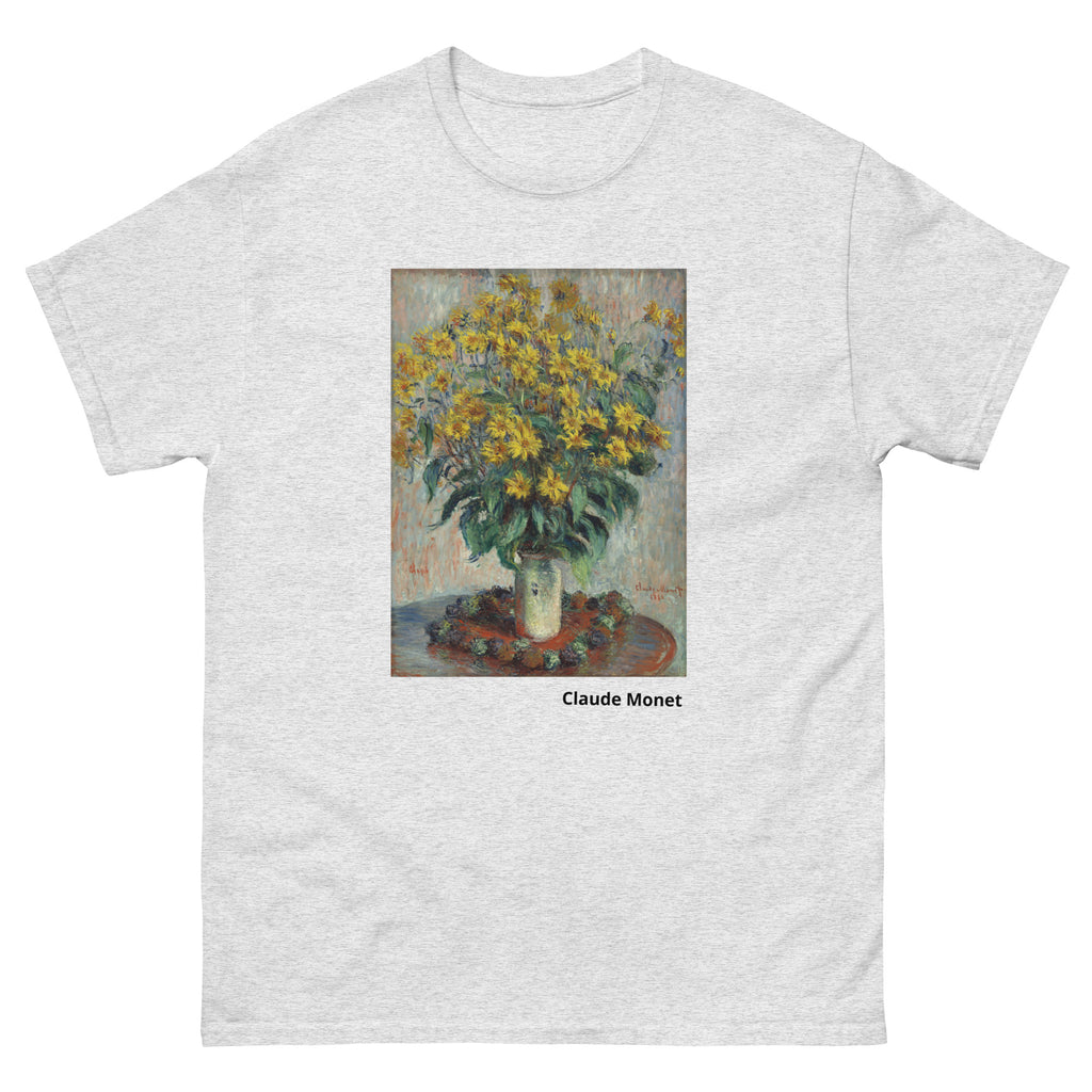 Unisex classic tee featuring Monet's impressionist painting of Jerusalem artichoke flowers in bloom