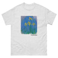 Unisex classic tee featuring Monet's 1925 impressionist painting of purple iris flowers in bloom
