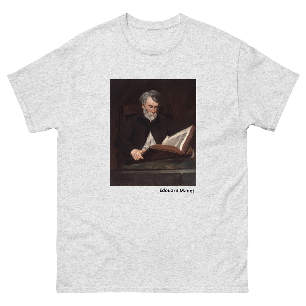 Unisex classic tee featuring Manet's impressionist painting of a seated man reading a book