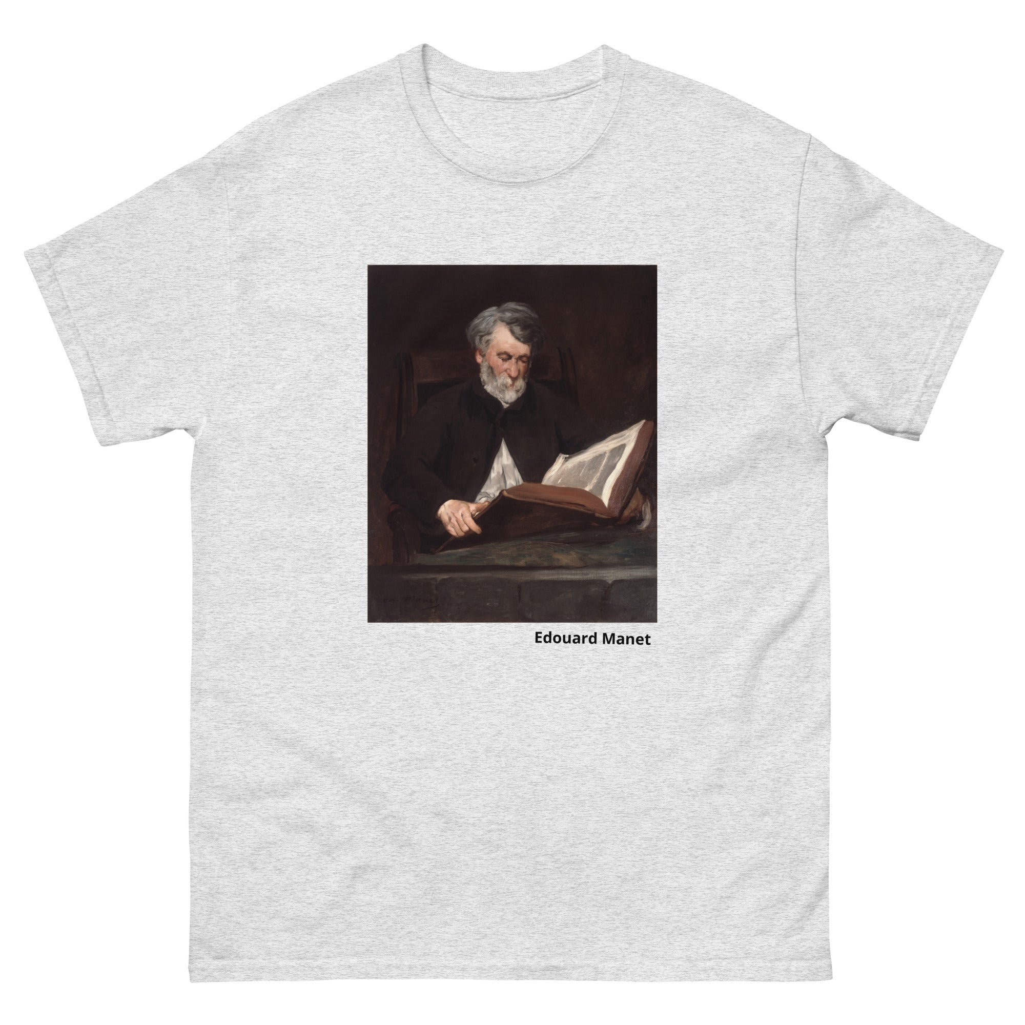 Unisex classic tee featuring Manet's impressionist painting of a seated man reading a book