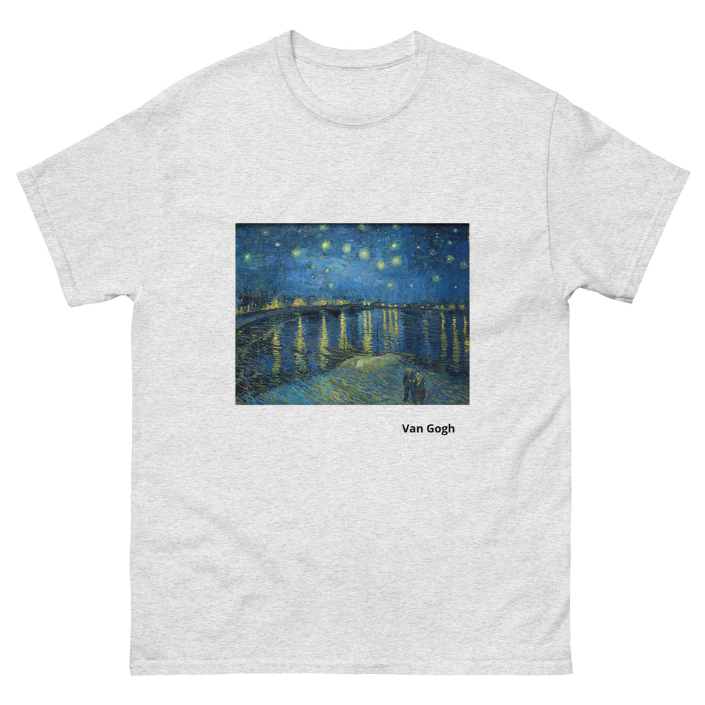 Unisex classic tee featuring Van Gogh's iconic Starry Night with swirling sky and village